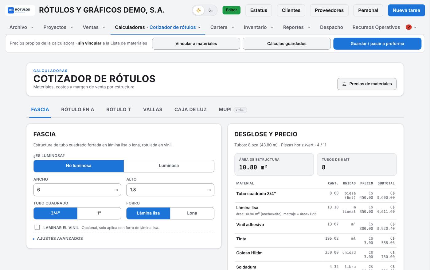 Cotizador de rótulos de PubliSync