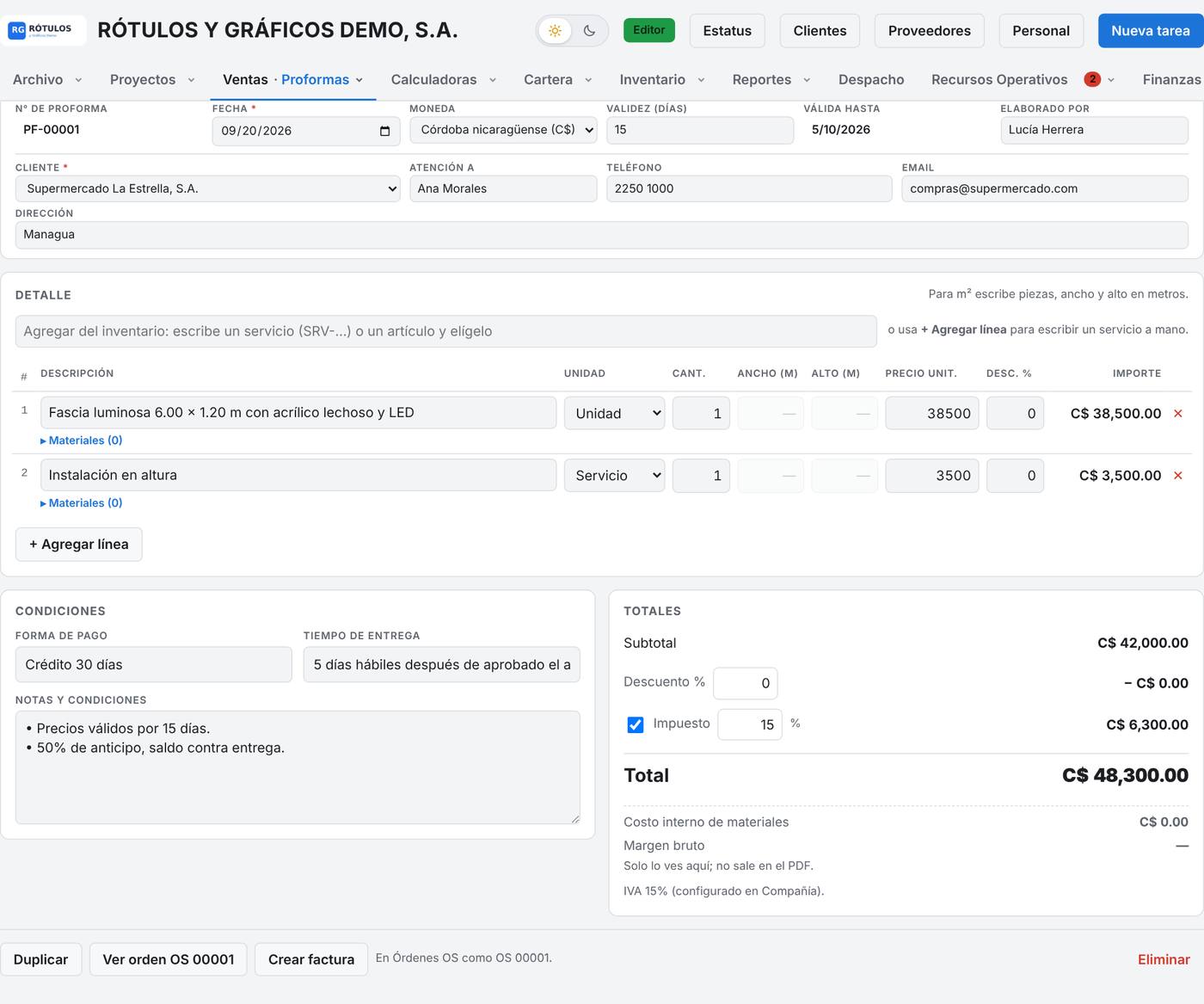 Editor de proformas de PubliSync
